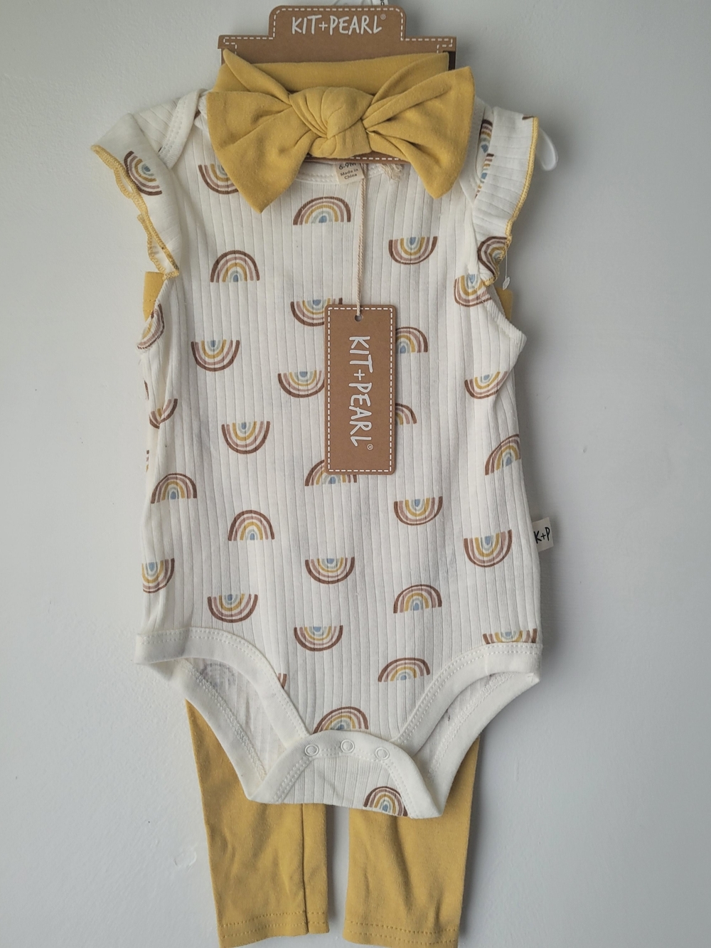 NWT Kit + Pearl Mustard Rainbow Baby Headband & Bodysuit Set 6-9 Months